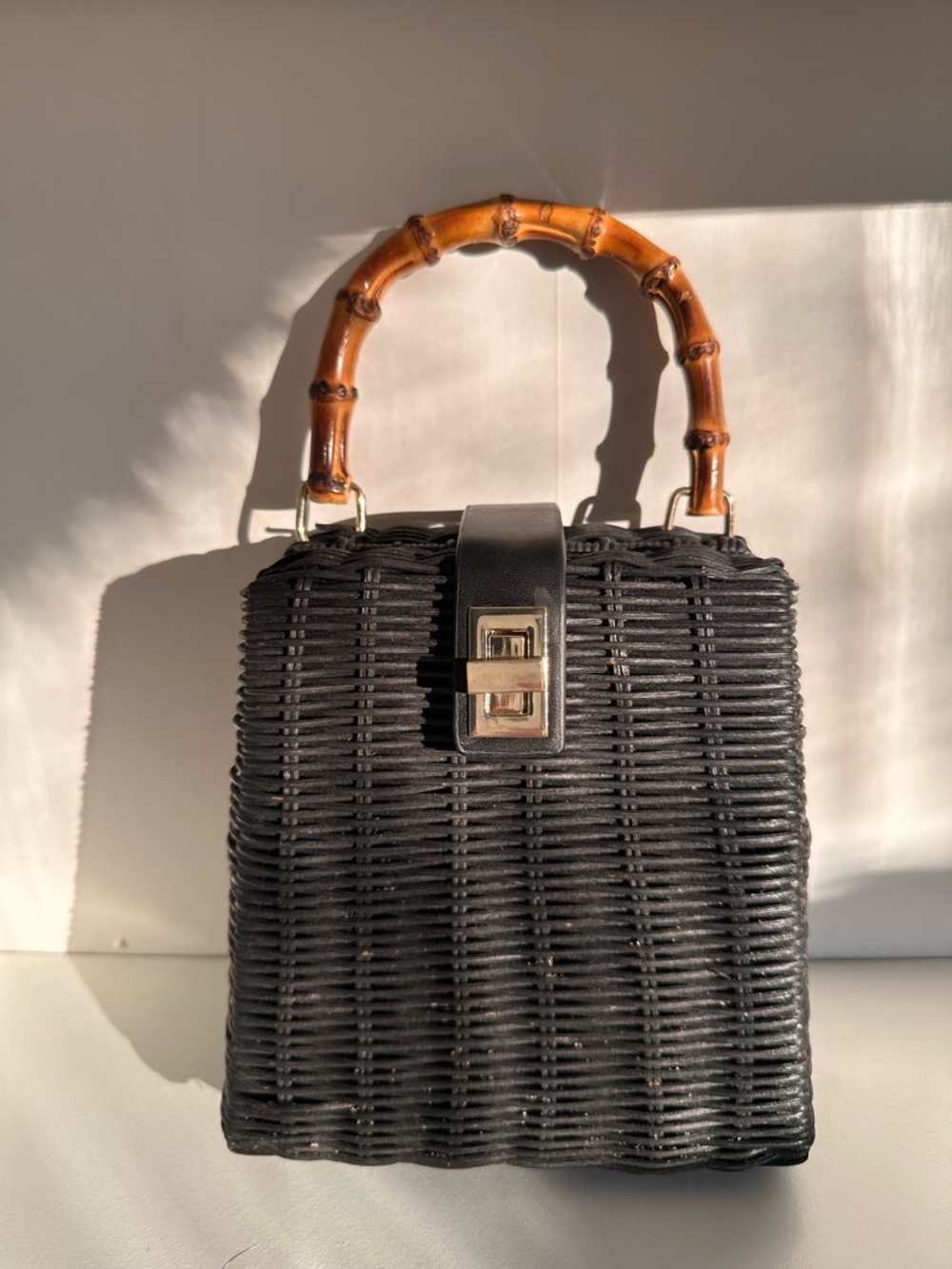 Zara Black Woven Bamboo Handle Handbag with leather closure